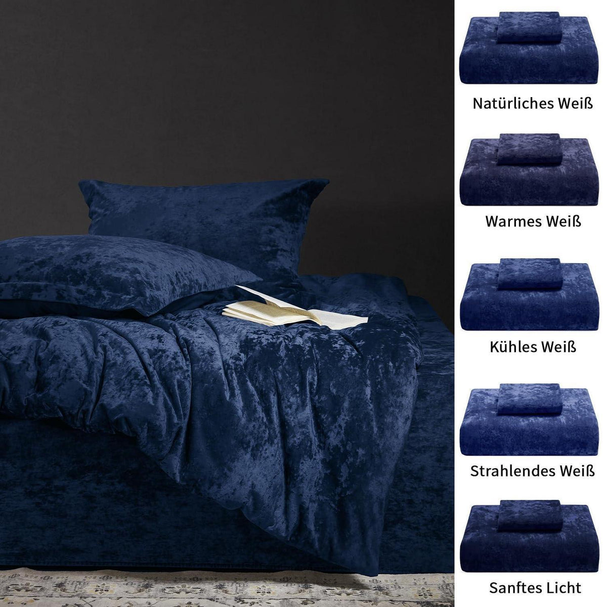 Samt Bettwäsche Set 200x200 Marine Blau mit Kissenbezügen