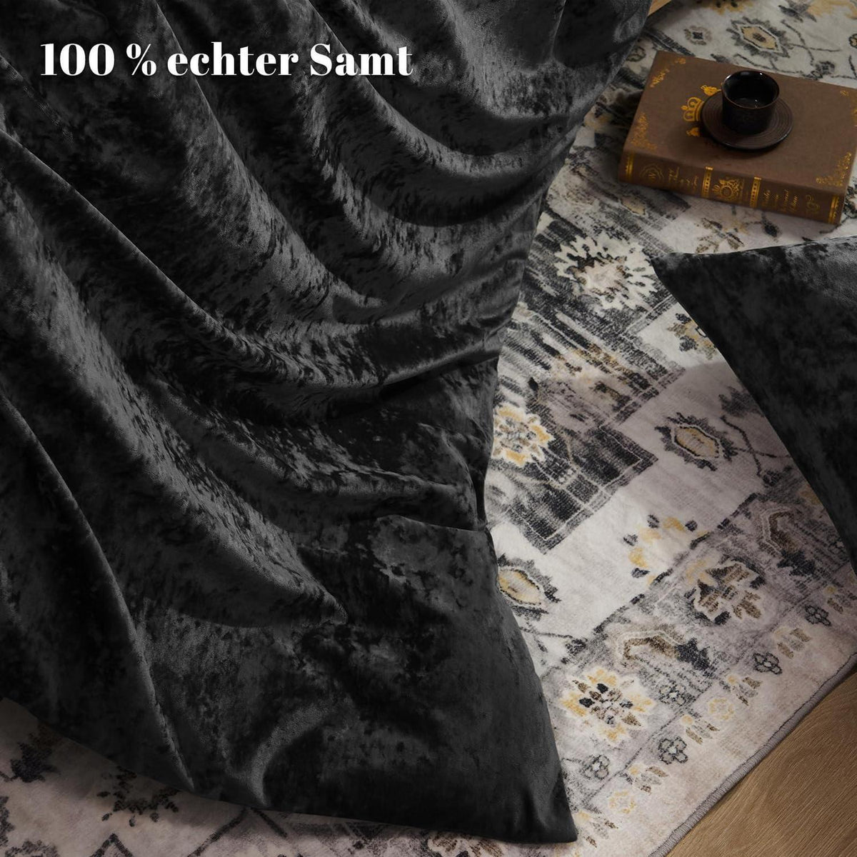 Samt Bettwäsche Set 200x220 Schwarz mit Kissenbezügen