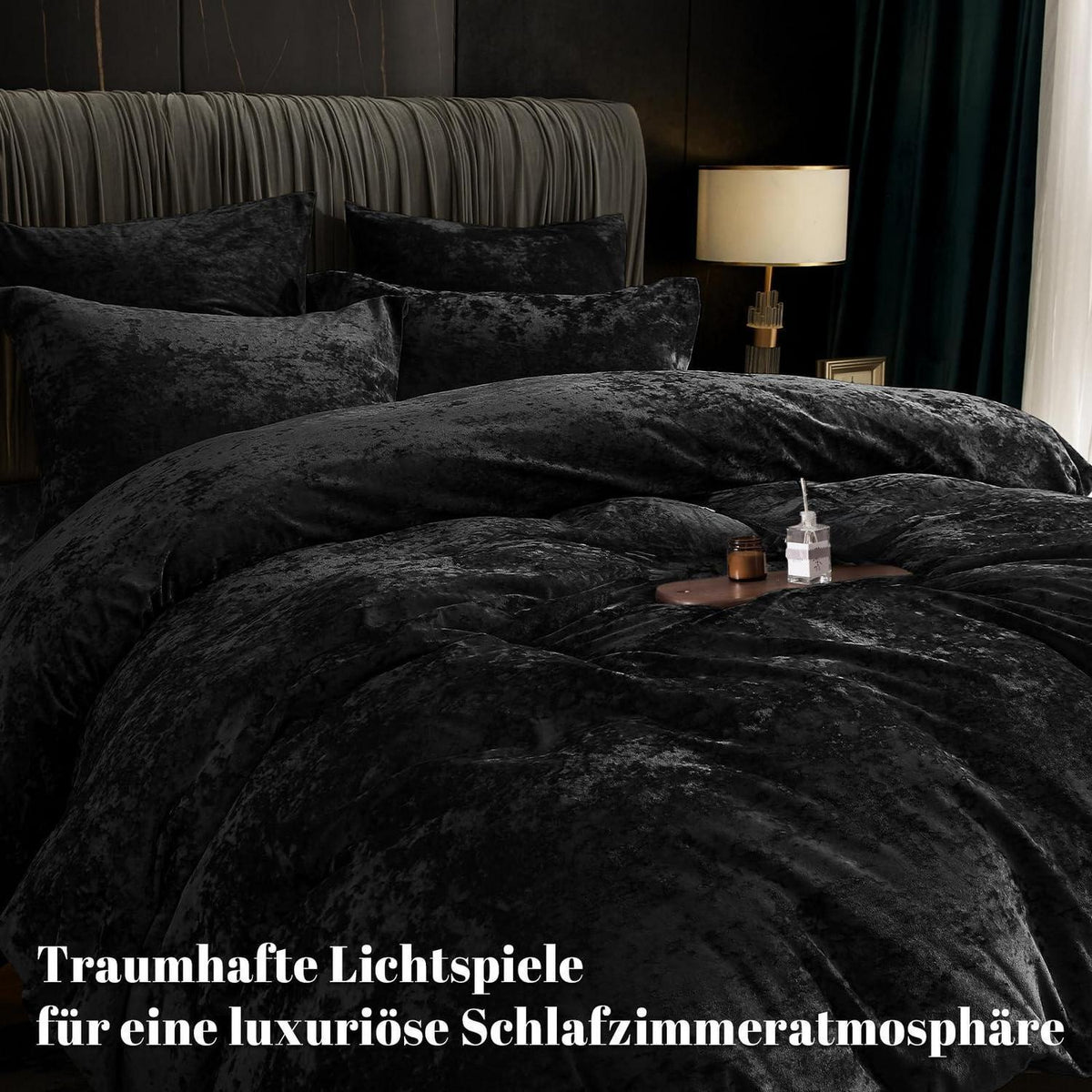 Samt Bettwäsche Set 200x220 Schwarz mit Kissenbezügen