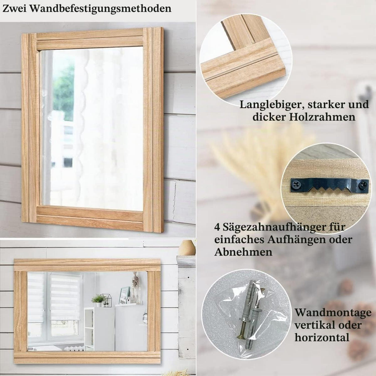 Rustikaler Wandspiegel Holzrahmen 65x45 cm – Landhausstil