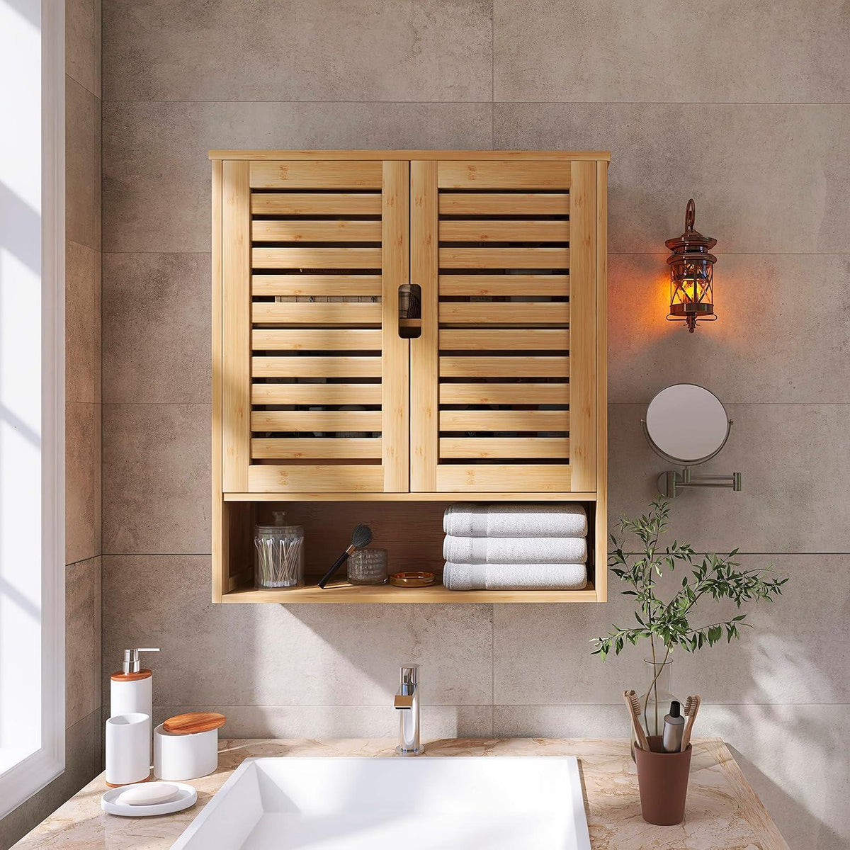 Badezimmerschrank Bambus Wandmontage Toilette Lagerung Medizinschrank 2 Tür