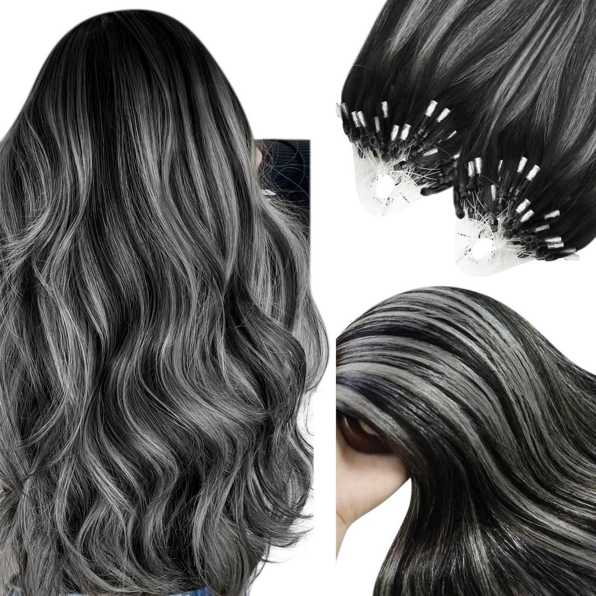Silberne Microring Haarverlängerung Balayage 60cm Echthaar