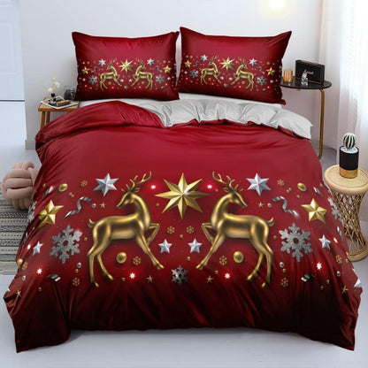 Weihnachtliche Bettwäsche 135x200 4tlg. Rot Grau Sterne Rentier