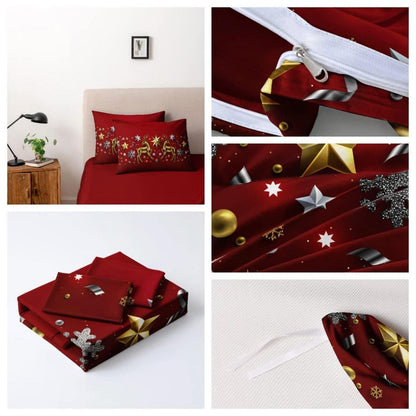 Weihnachtliche Bettwäsche 135x200 4tlg. Rot Grau Sterne Rentier