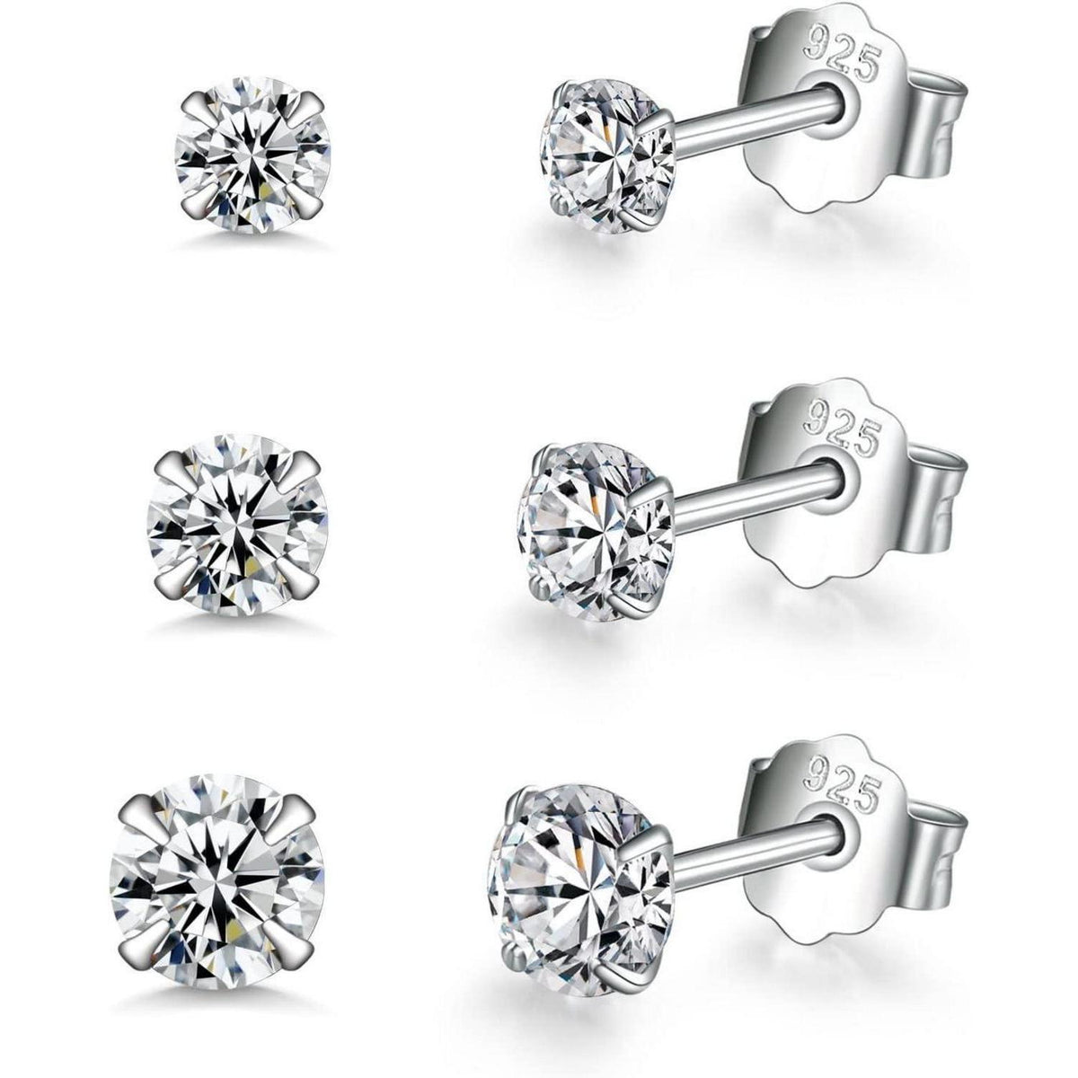 925 Sterling Silber Ohrstecker Set, Zirkonia, 2/3/4mm
