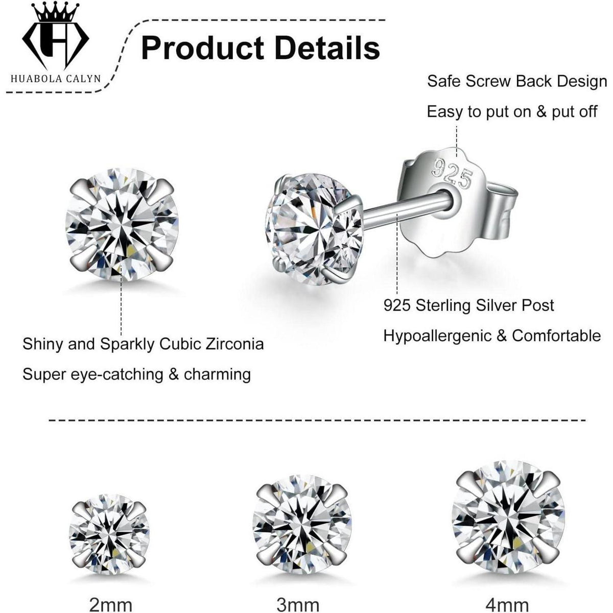 925 Sterling Silber Ohrstecker Set, Zirkonia, 2/3/4mm