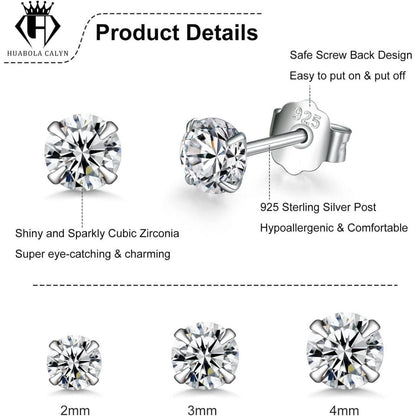 925 Sterling Silber Ohrstecker Set, Zirkonia, 2/3/4mm