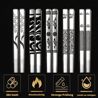 Edelstahl Essstäbchen Set | 5 Paar Wiederverwendbar mit Lasergravur