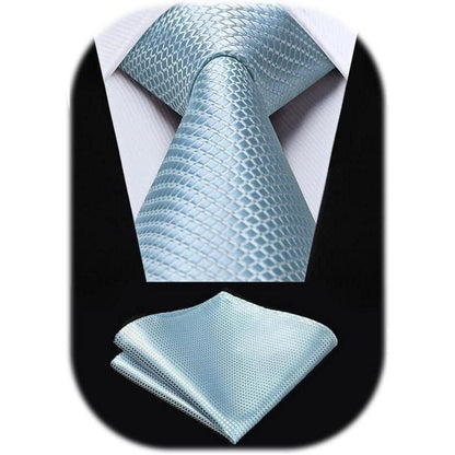 Herren Krawatte & Einstecktuch Set Baby Blau Kariert