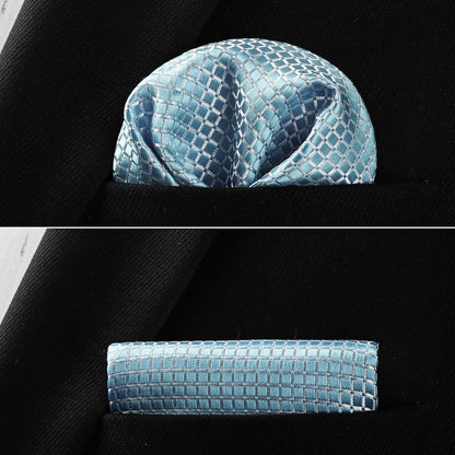 Herren Krawatte & Einstecktuch Set Baby Blau Kariert