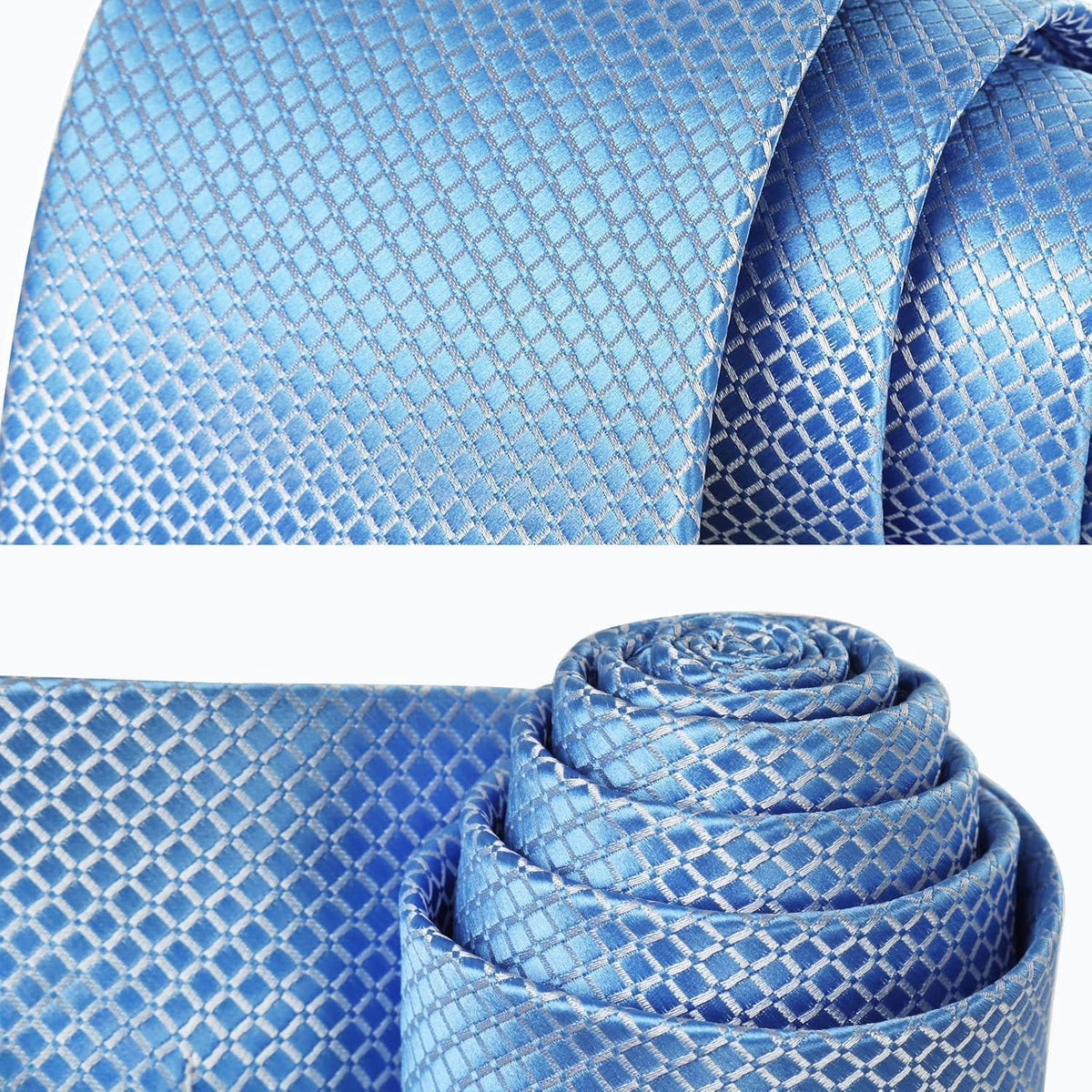 Herren Krawatte & Einstecktuch Set Hellblau Kariert Elegant