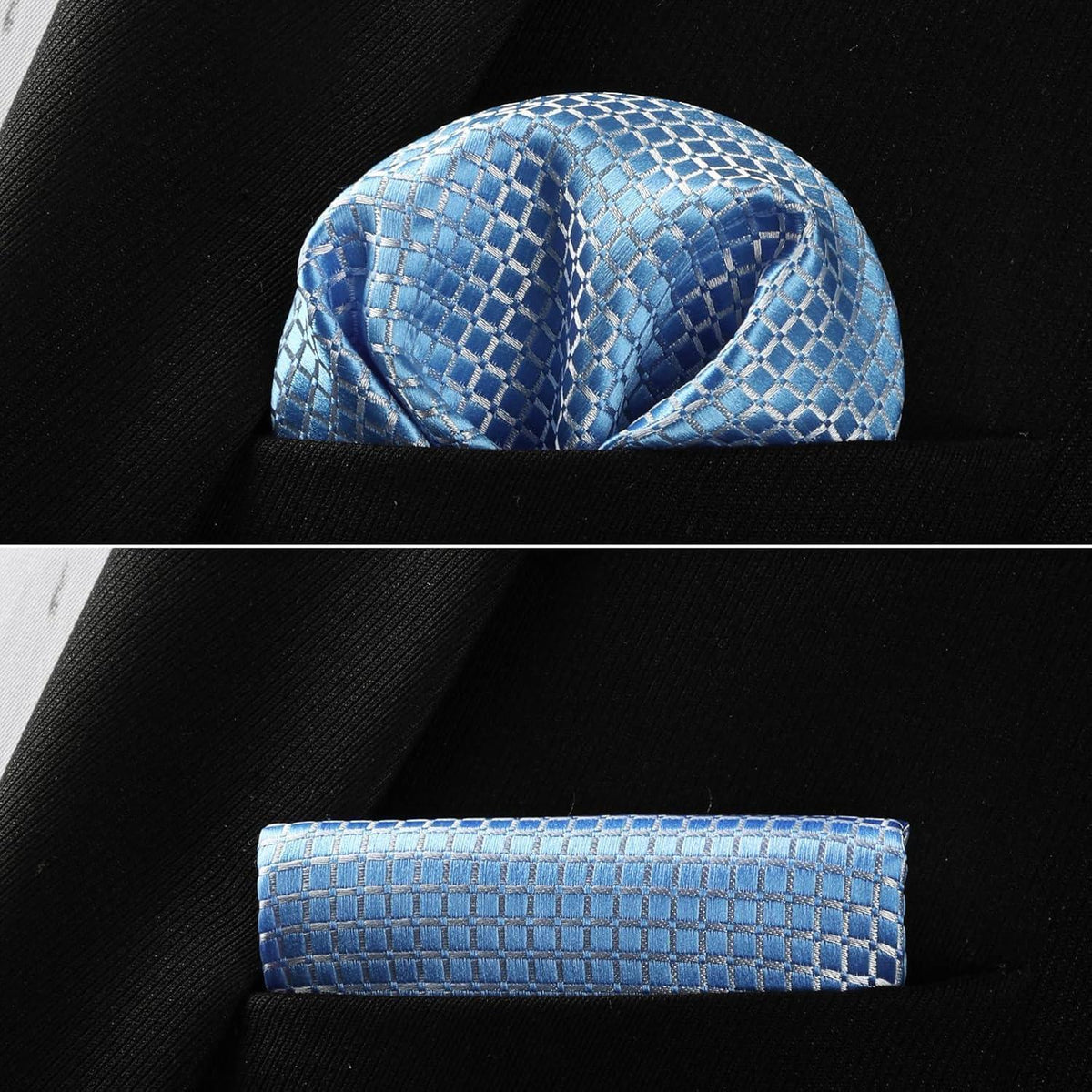 Herren Krawatte & Einstecktuch Set Hellblau Kariert Elegant