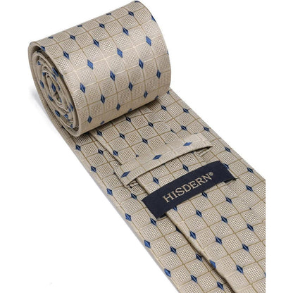 Herren Krawatte & Einstecktuch Set kariert Beige