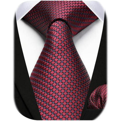 Herren Krawatte & Einstecktuch Set Kariert Burgund