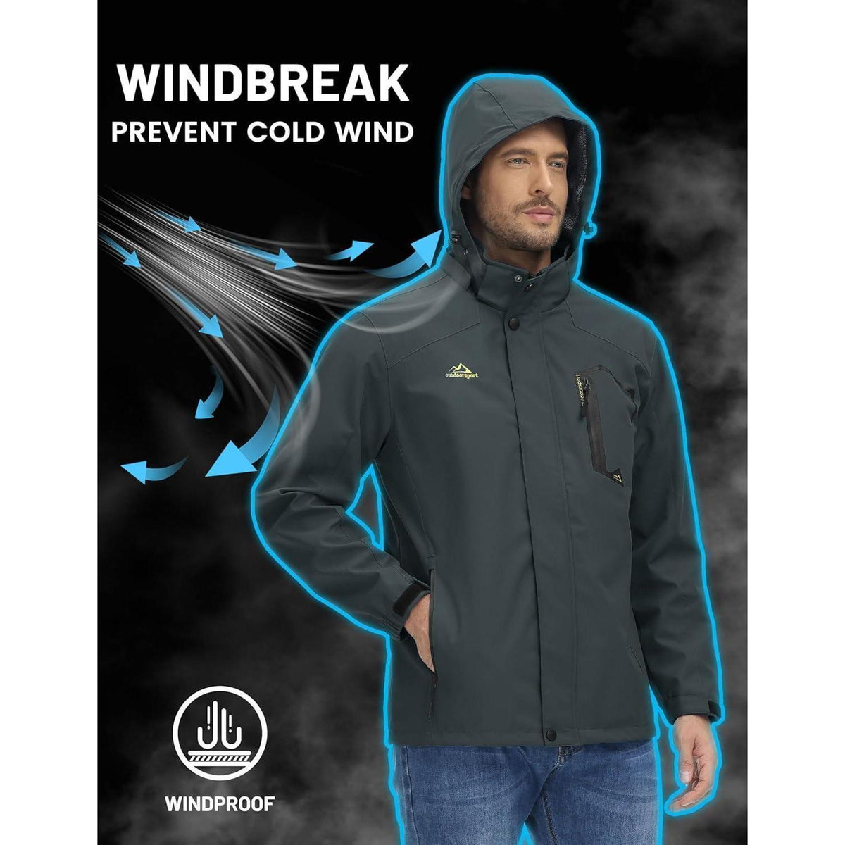 Herren Outdoorjacke Wasserabweisend mit Kapuze – Kohlengrau