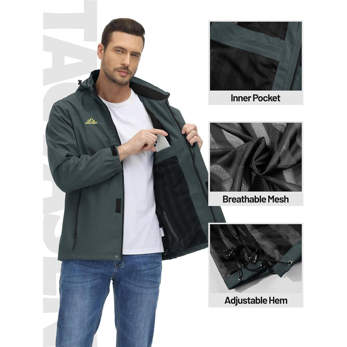 Herren Outdoorjacke Wasserabweisend mit Kapuze – Kohlengrau
