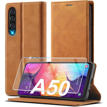 Samsung Galaxy A50 Klapphülle mit Schutzfolie & Kartenfächern in Lederoptik