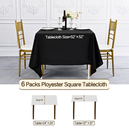 Schwarze Tischdecke 132x132cm - 6er Set | Polyester, Waschbar, Party