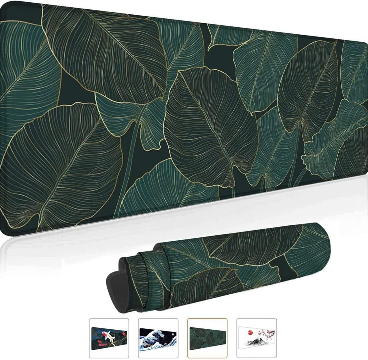 Gaming Mauspad XXL 800x300mm Tropische Blätter Grün Schwarz Vernähte Kanten Anti-Rutsch
