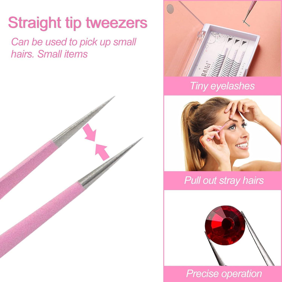 Pinzette Wimpern Edelstahl Gebogene Gerade Spitz 2 Stücke Set Rosa