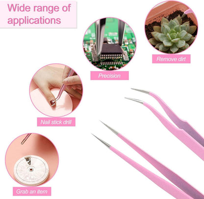 Professionelle Pinzette Set Wimpernverlängerung Gerade Gebogen Rosa