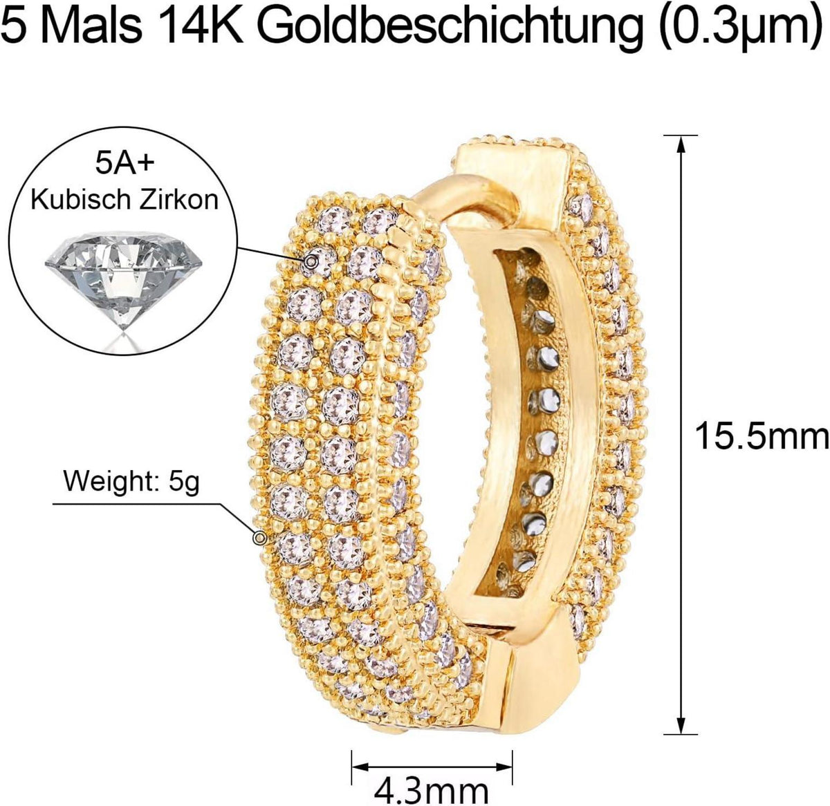 Hypoallergenic Zirkonia Ohrringe 14K Gold Vergoldet 5A CZ