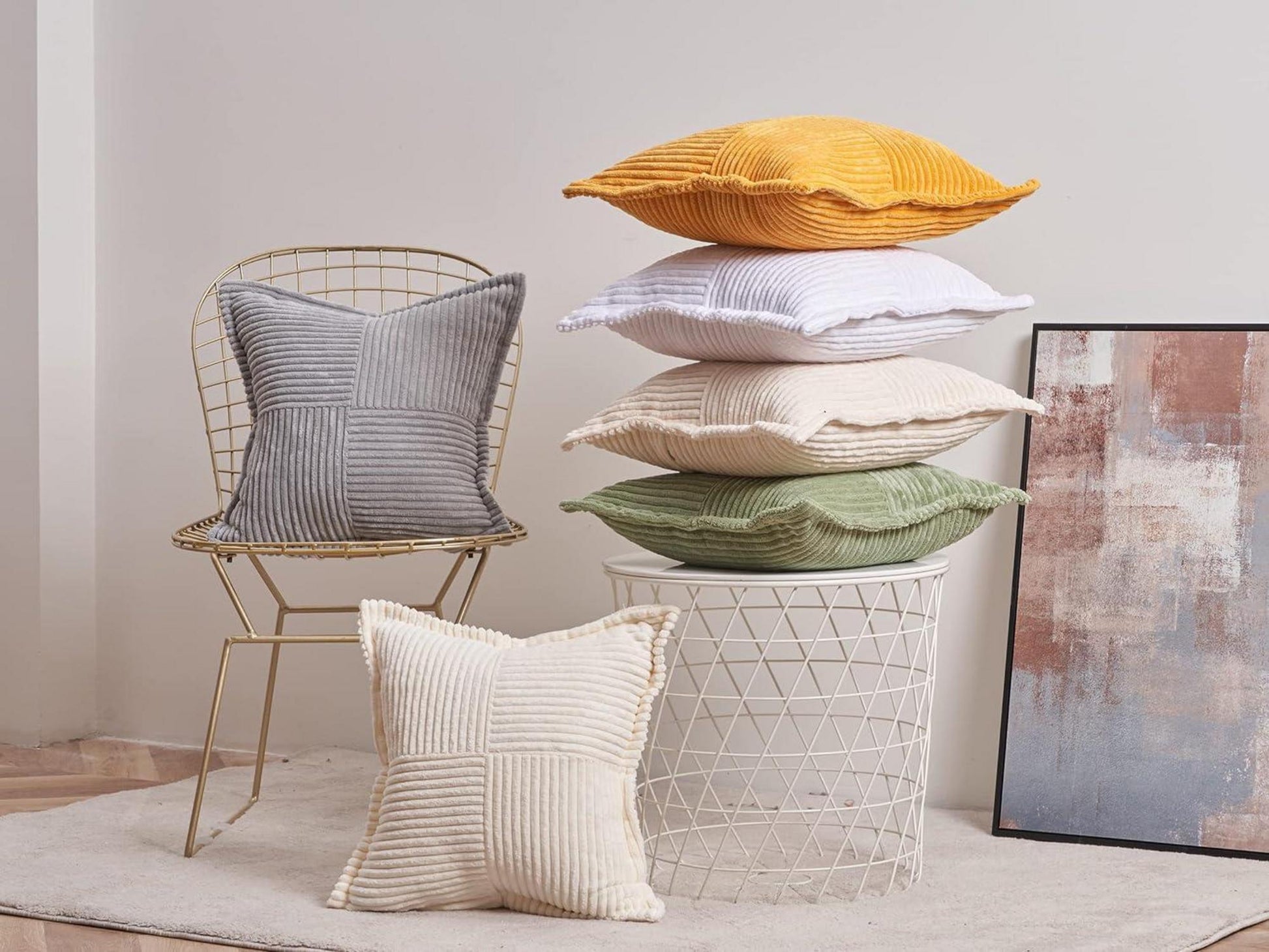 2er Set Kissenbezug 40x40cm Kordsamt beige mit Verstecktem Reißverschluss