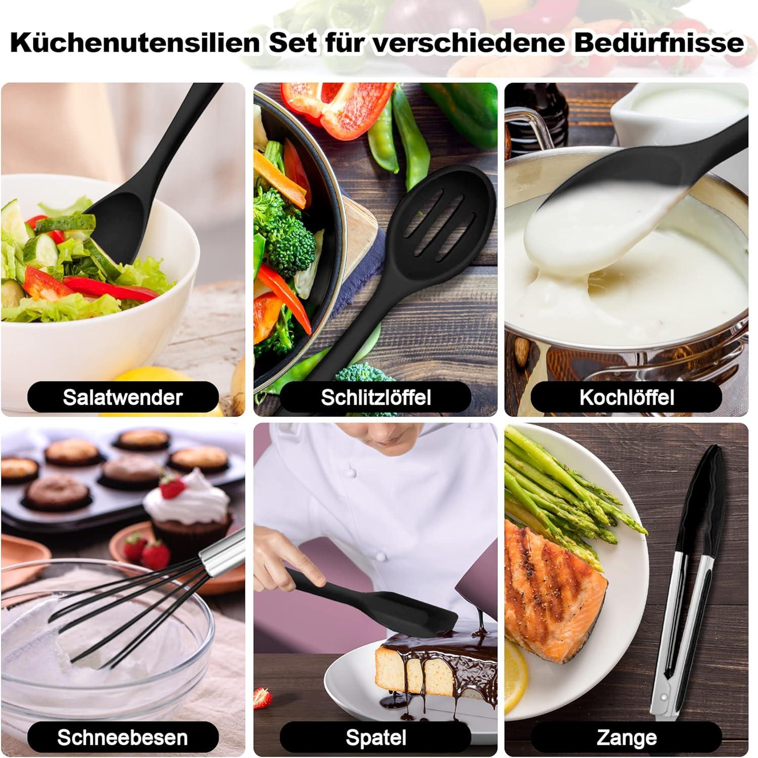 Silikon Küchenhelfer Set Schwarz 22-teilig mit Utensilienhalter antihaftbeschichtet und hitzebeständig