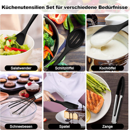Silikon Küchenhelfer Set Schwarz 22-teilig mit Utensilienhalter antihaftbeschichtet und hitzebeständig