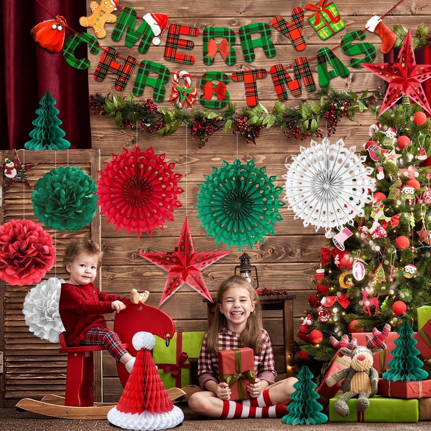 Weihnachtsdeko Set: Banner, Schneeflocken, Baum, Mütze, Sterne, Papierpompoms