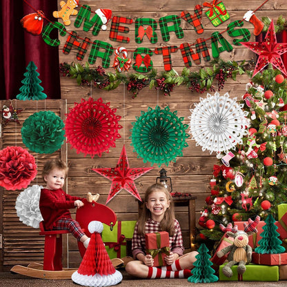 Weihnachtsdeko Set: Banner, Schneeflocken, Baum, Mütze, Sterne, Papierpompoms
