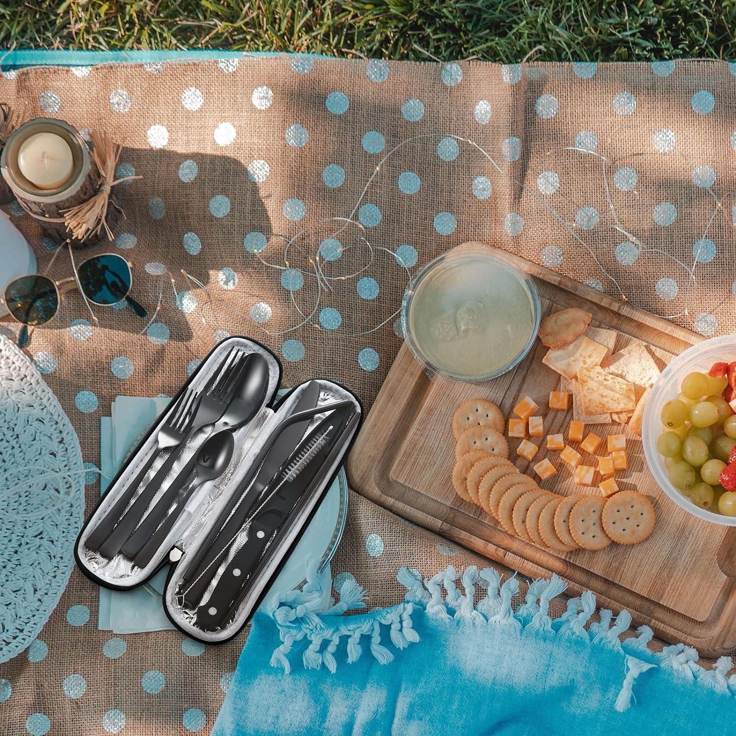 Besteck Set 10-teilig Edelstahl Outdoor Reisebesteck Schwarz mit