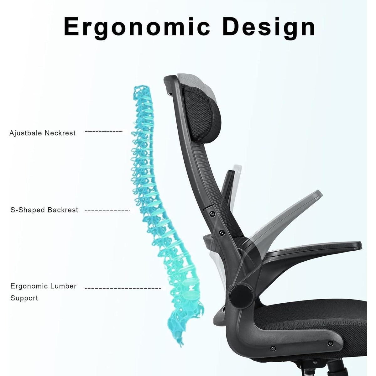 Ergonomischer Bürostuhl mit Netzrücken und verstellbarer Kopfstütze (Schwarz)