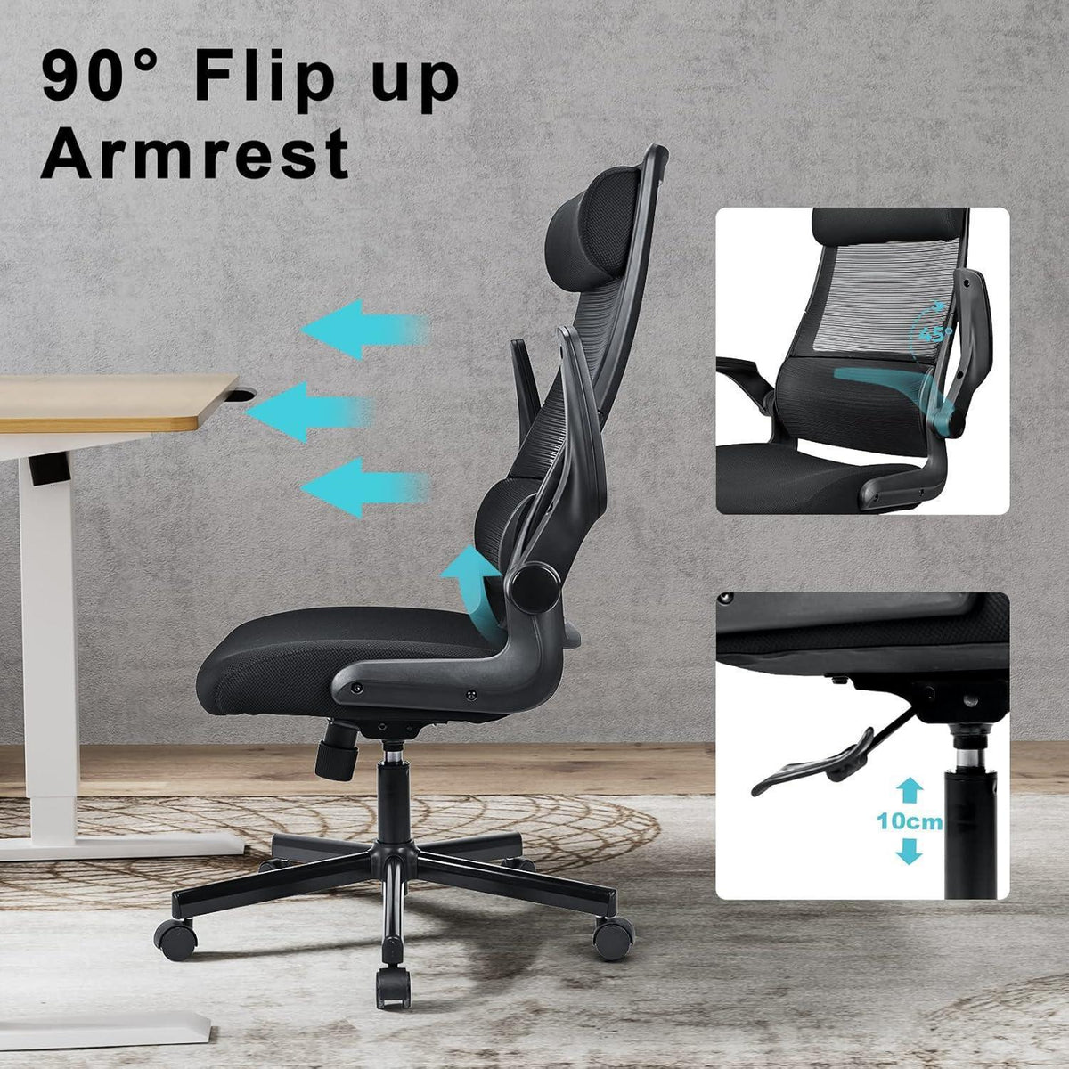 Ergonomischer Bürostuhl mit Netzrücken und verstellbarer Kopfstütze (Schwarz)