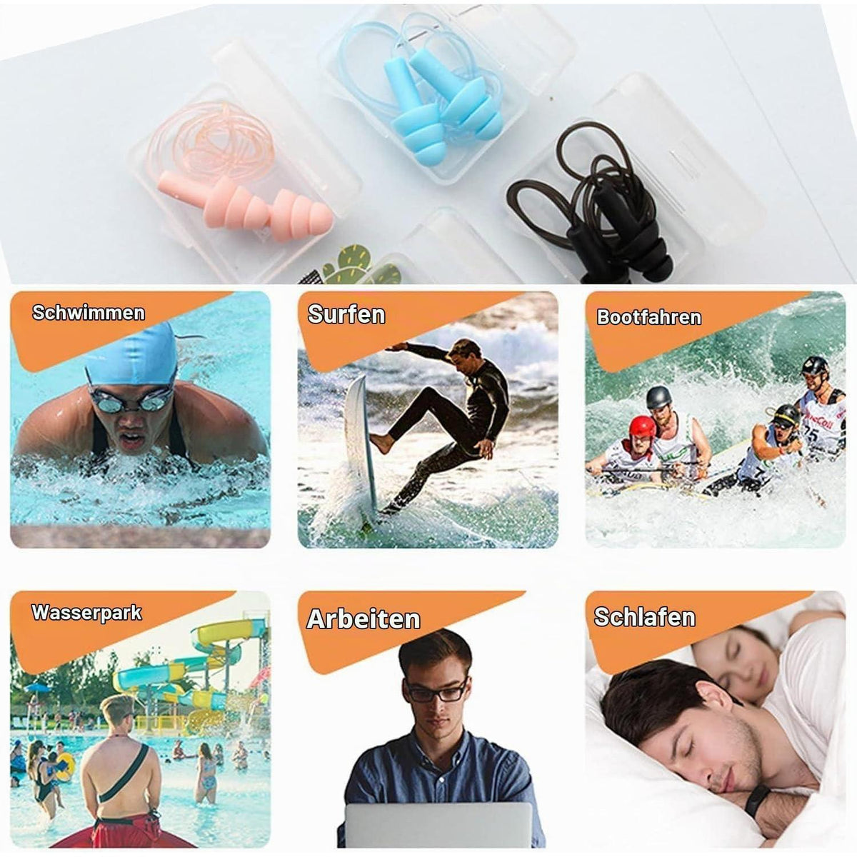 6x Silikon Ohrstöpsel – Geräuschunterdrückung zum Schwimmen & Schlafen