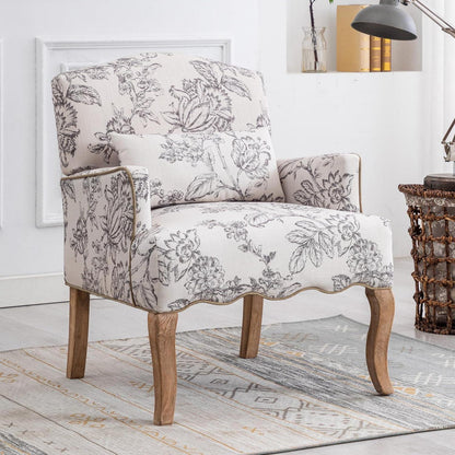 Leinen Ohrensessel Retro Wohnzimmer Sessel mit Holzbeinen Beige