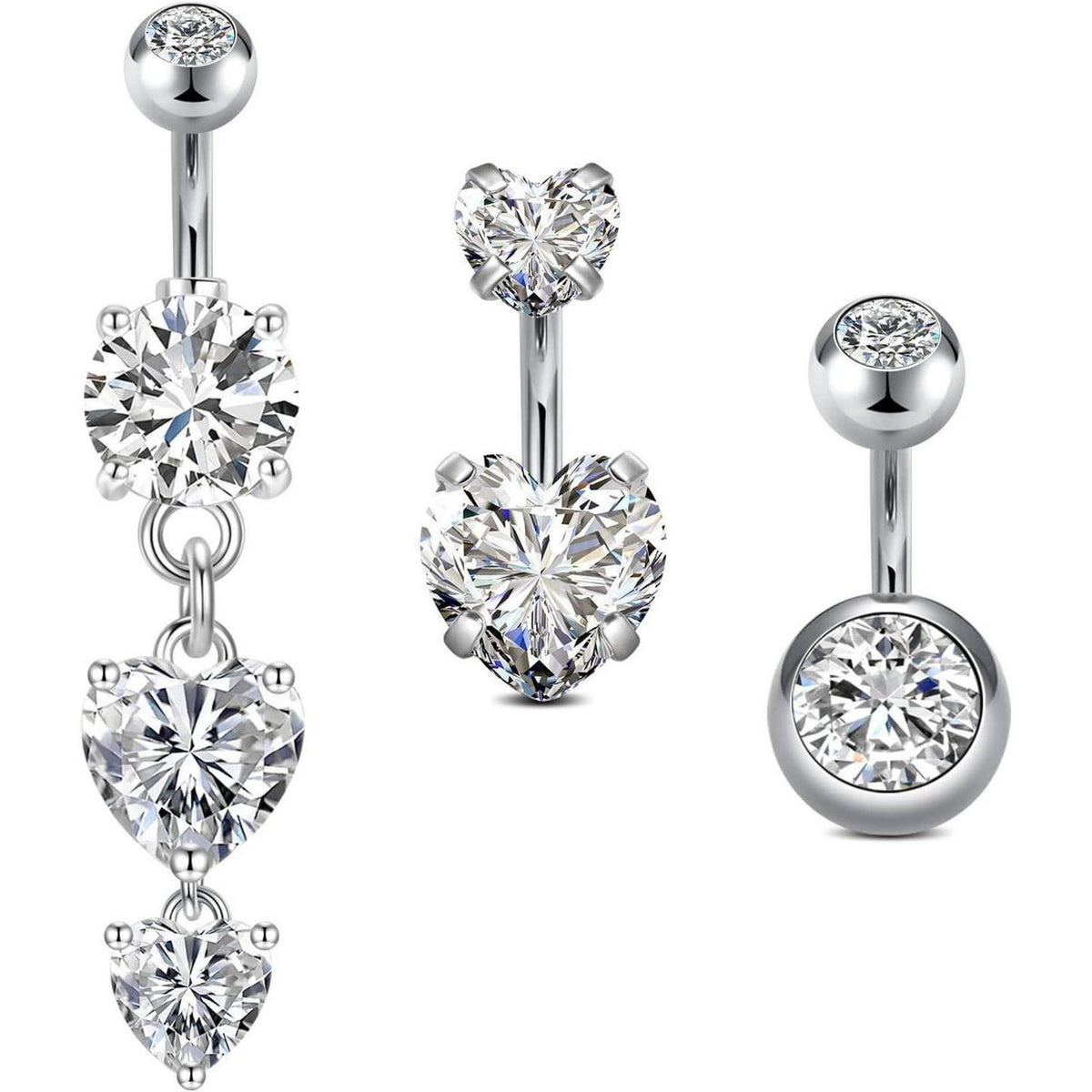Bauchnabelpiercing 3er Set 6mm Chirurgenstahl Herz Silber
