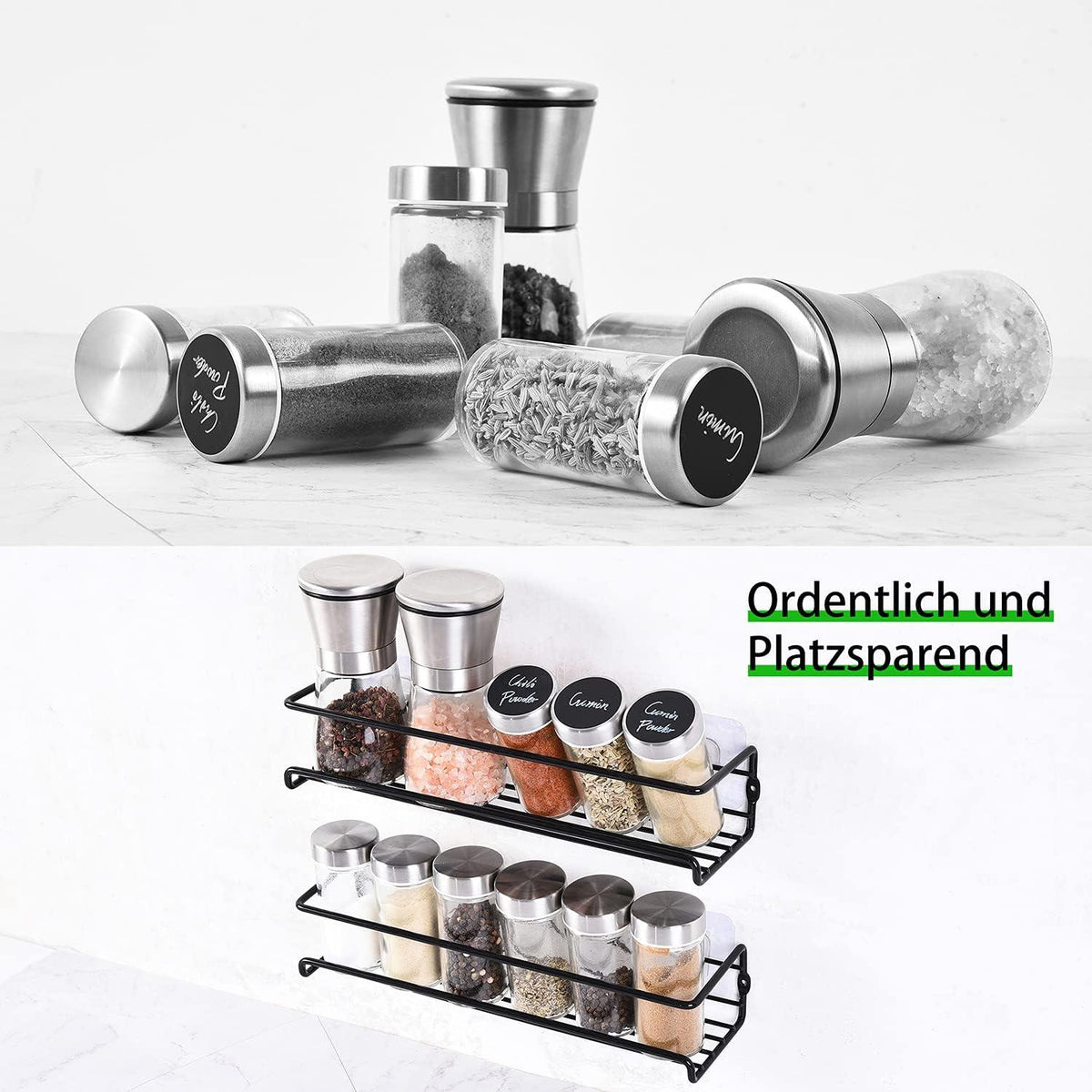 Wand Gewürzregal 2-teiliges Set Schwarz Metall Hängend Schranktür