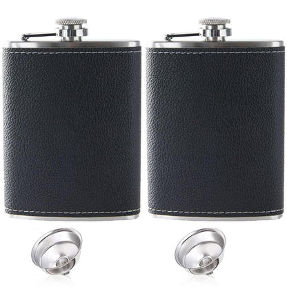 Edelstahl Flachmann Set 2x 8oz mit Trichter & Etui in Lederoptik