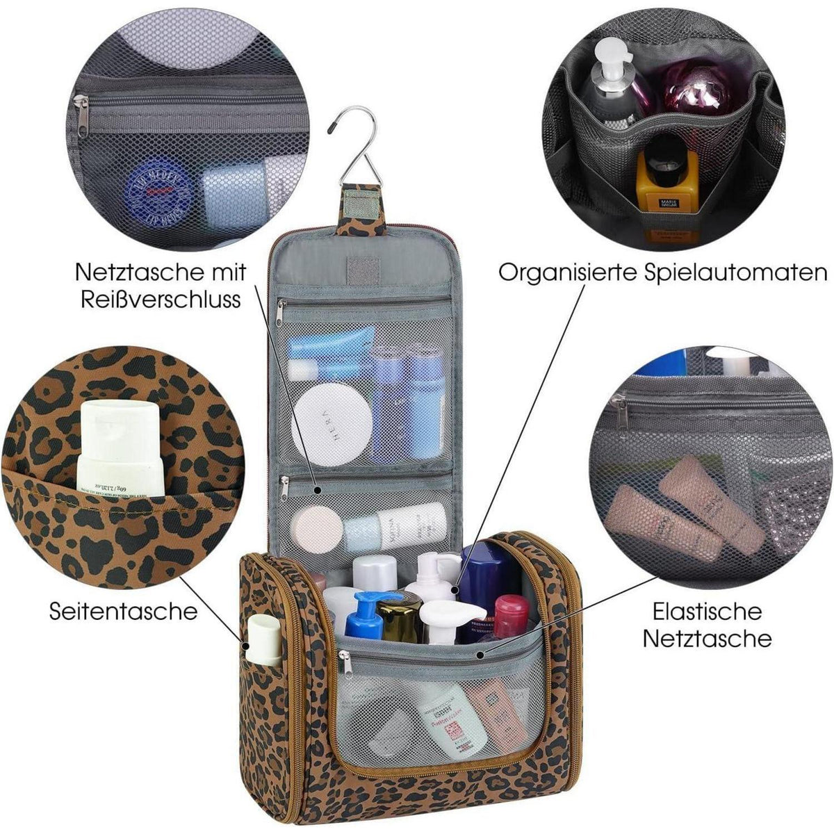Große Kulturtasche zum Aufhängen, brauner Leopard