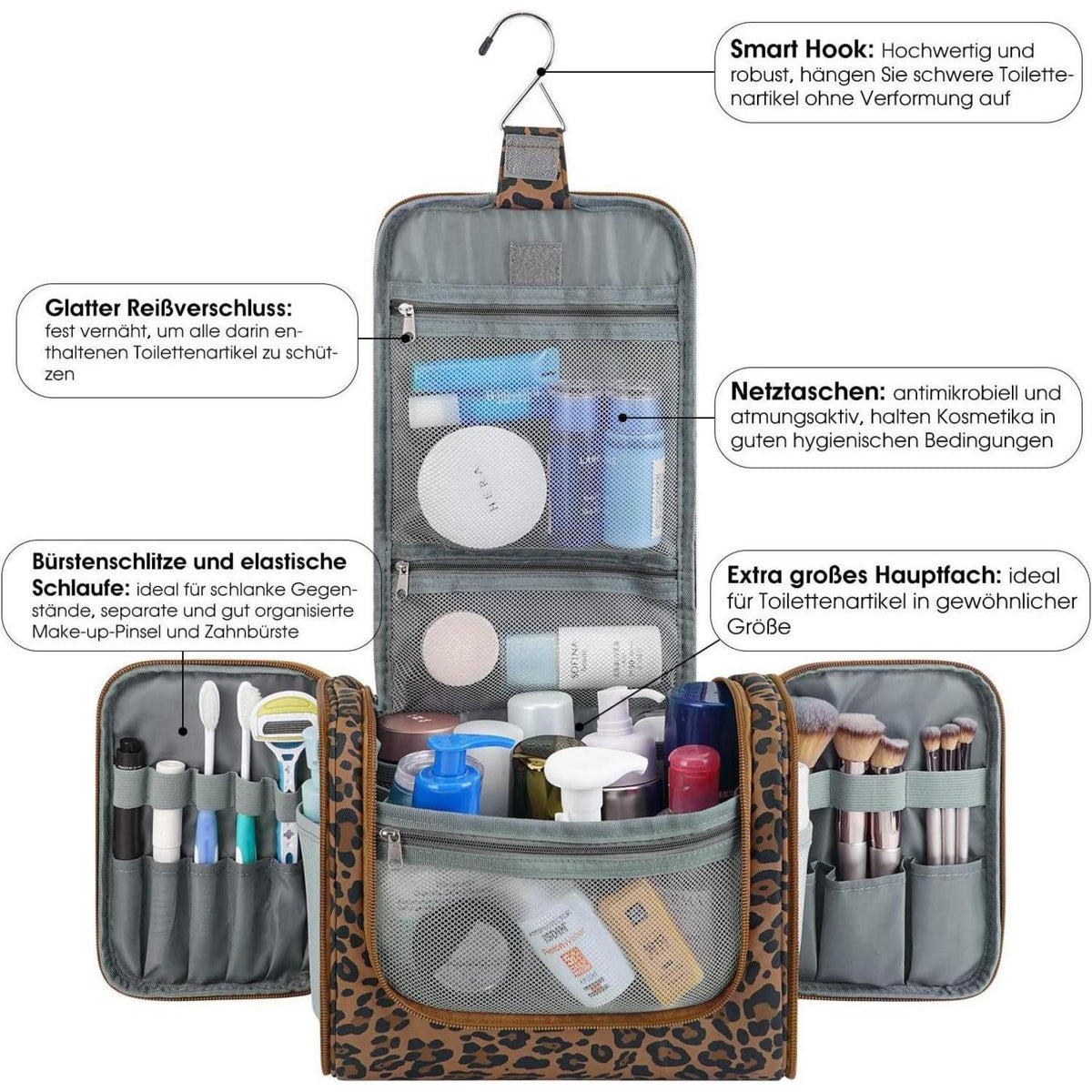 Große Kulturtasche zum Aufhängen, brauner Leopard