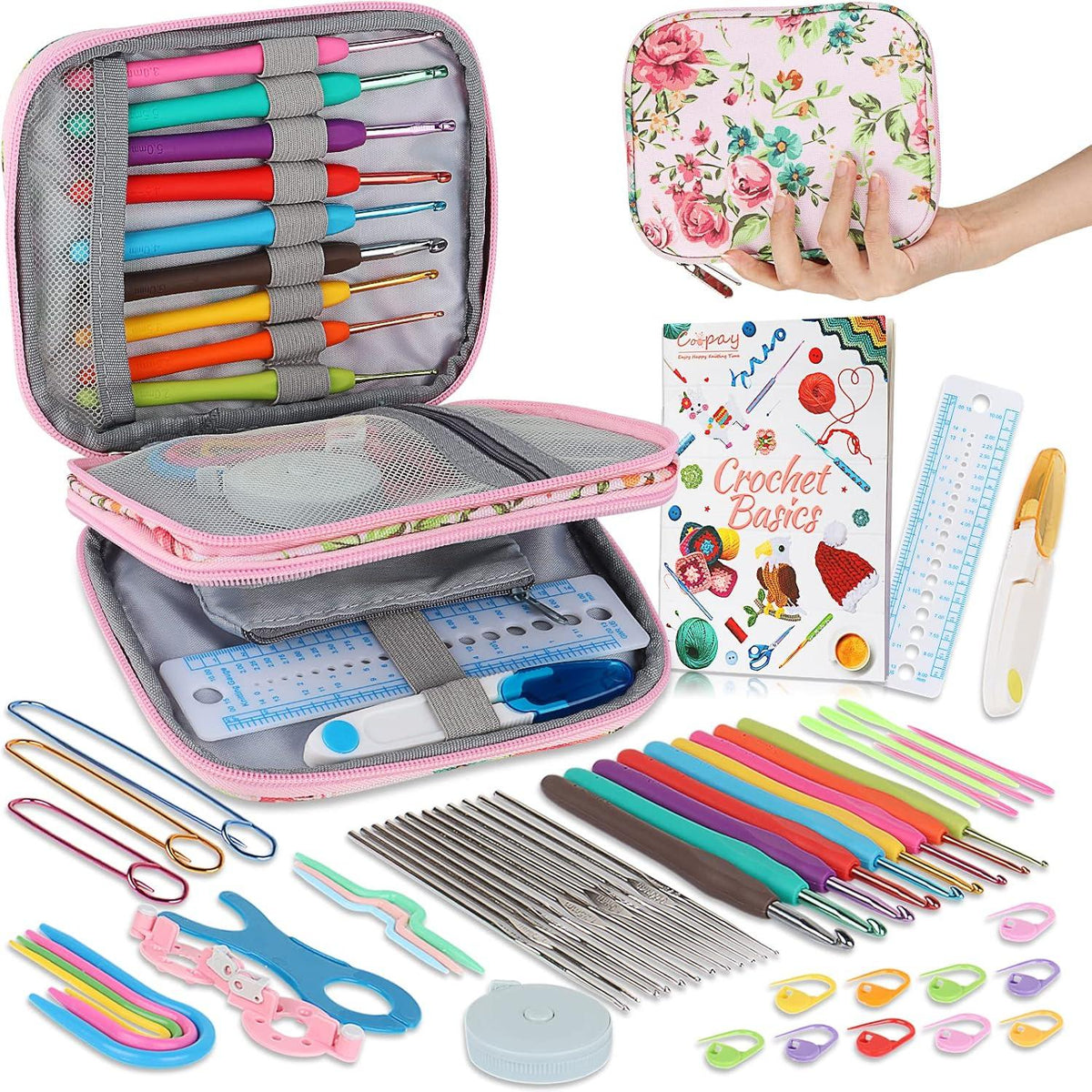 55-teiliges Ergonomisches Häkelnadelset mit Etui - Bunte Nadeln