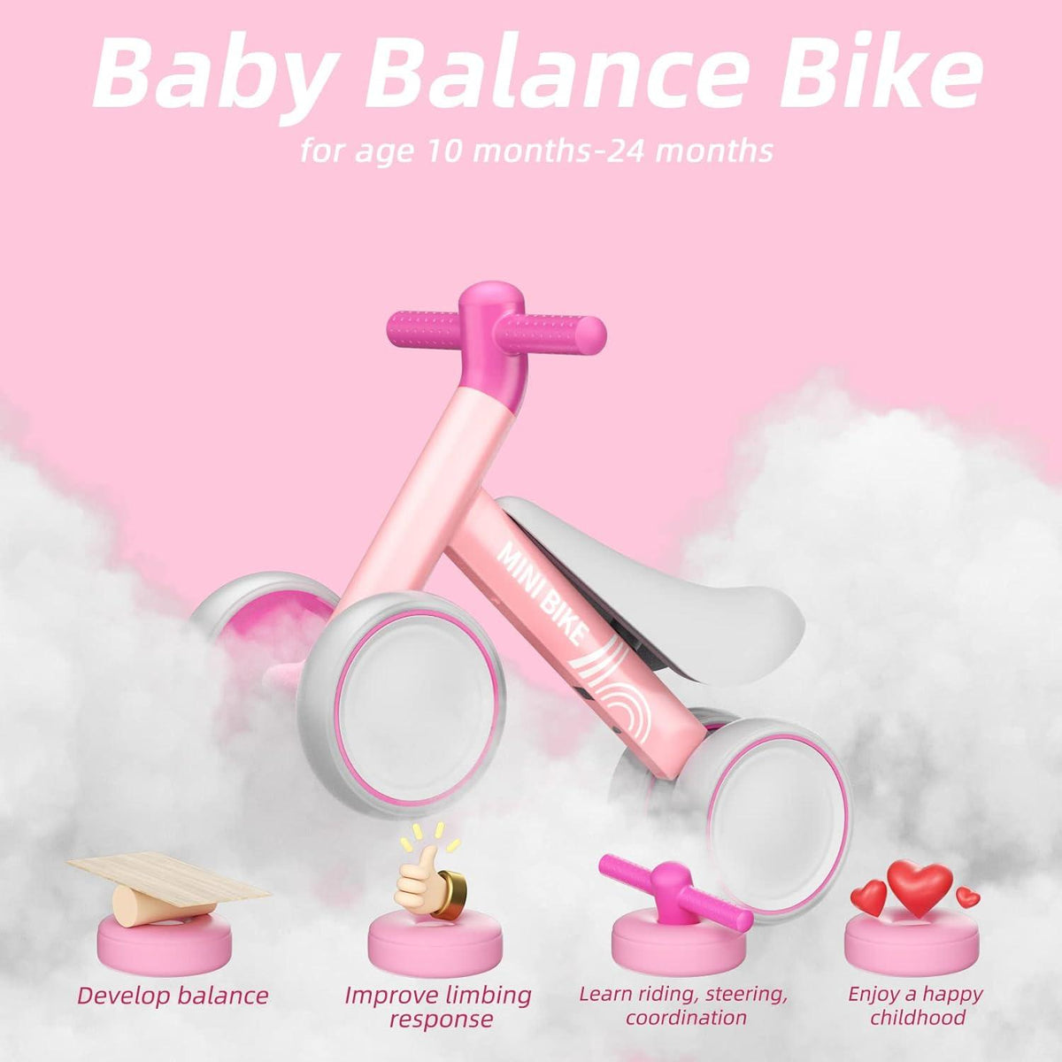 Kinder Laufrad ab 1 Jahr Balance Lauflernrad ohne Pedal 4 Räder Rosa