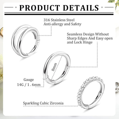 Bauchnabelpiercing Set 3 Stück Chirurgenstahl mit Zirkonia 14G 8mm Gold Silber