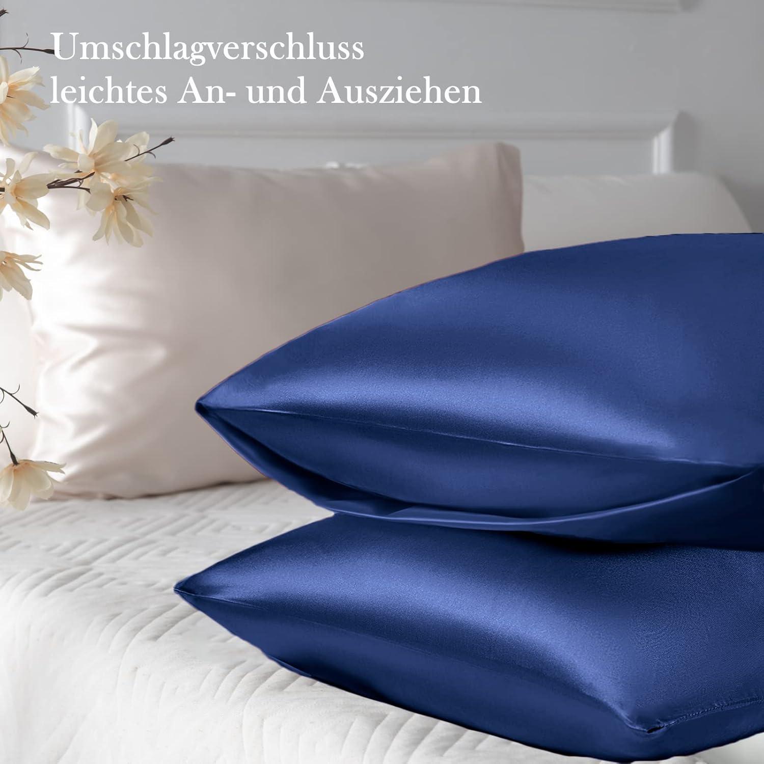 Satin Kissenbezug 40x80 Dunkelblau mit Haargummis