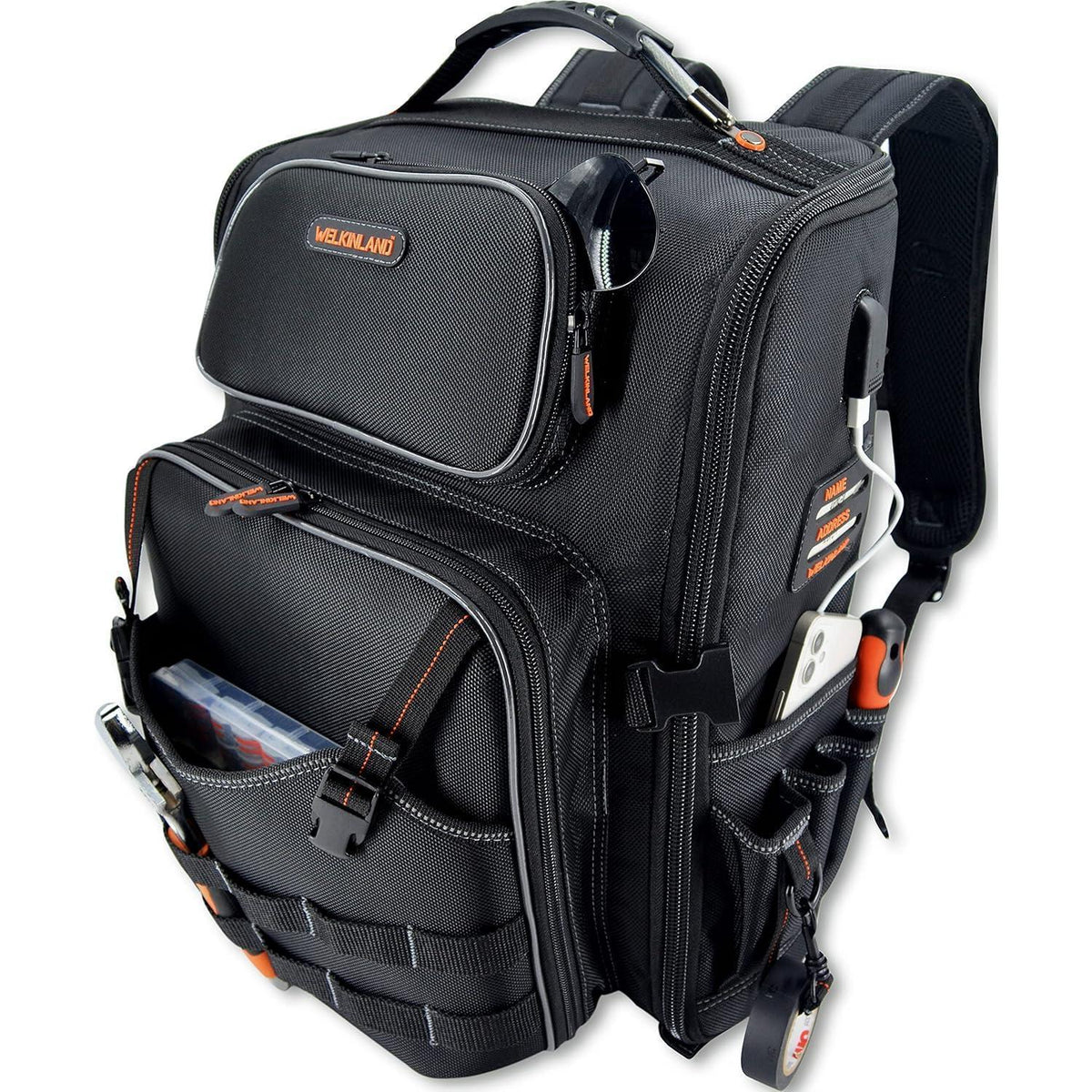 Werkzeugrucksack mit 44 Taschen, vollständig zu öffnen, orangefarbenes Innenfutter