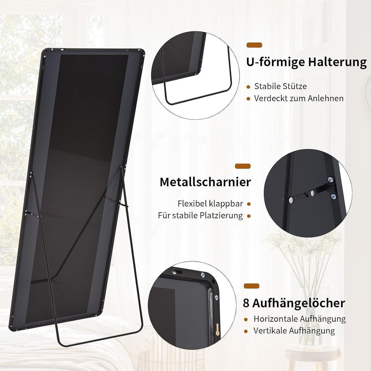 Standspiegel Ganzkörper Schwarz 163cm – Abgerundete Ecken & Leaning