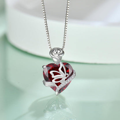 Geburtsstein Kette Damen 925 Sterling Silber Schmetterling Rose Blume Granat
