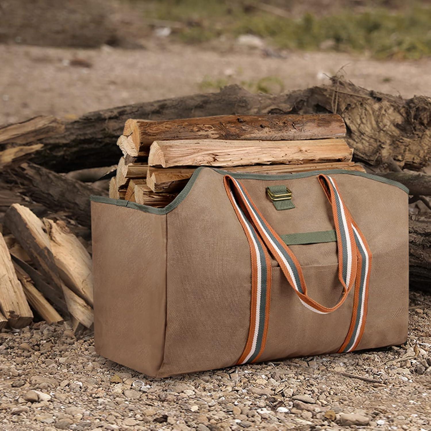Kaminholztasche Holzkorb Tragetasche Brennholzträger gewachstes Segeltuch wasserdicht extra groß freistehend braun