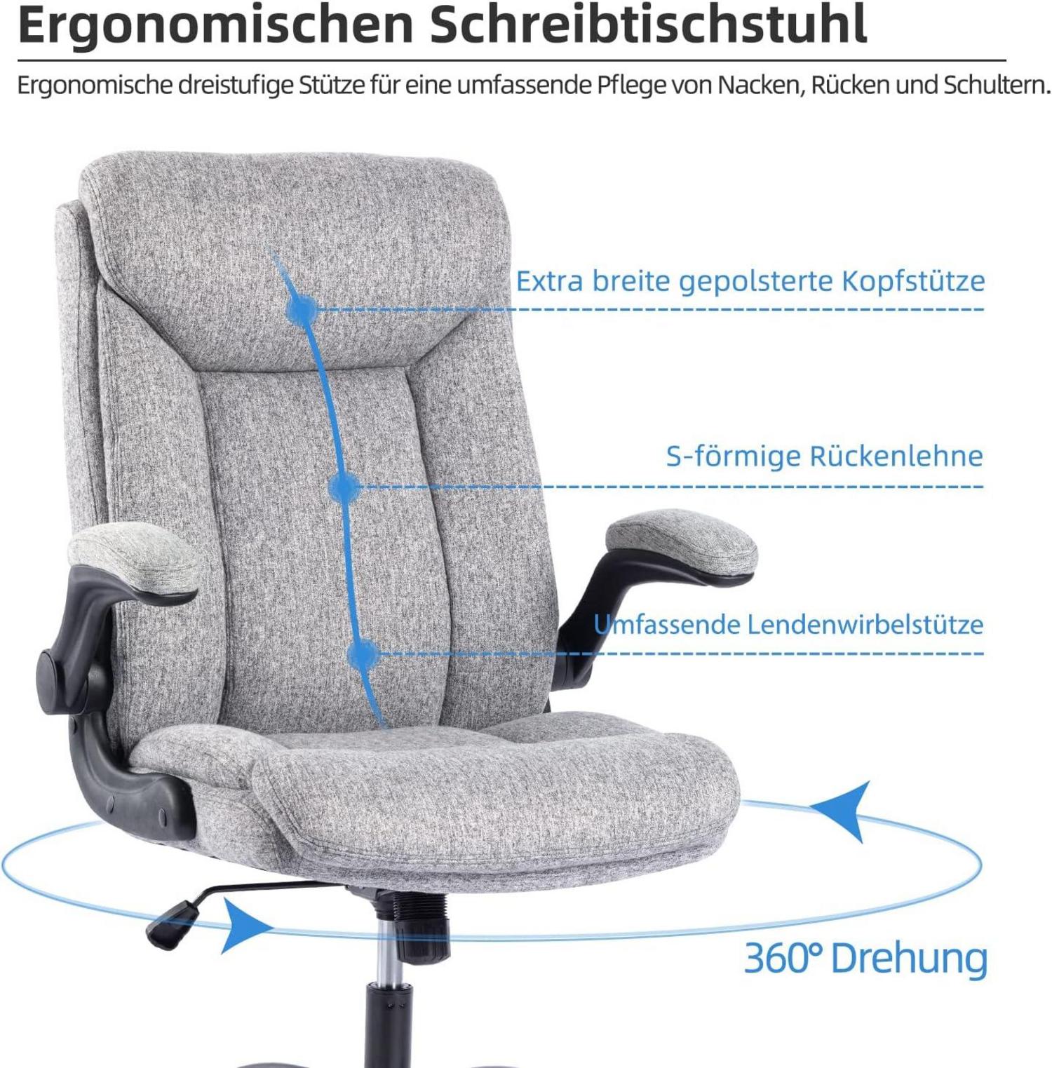 Ergonomischer Bürostuhl mit höhenverstellbarer Armlehne, grauer Stoff
